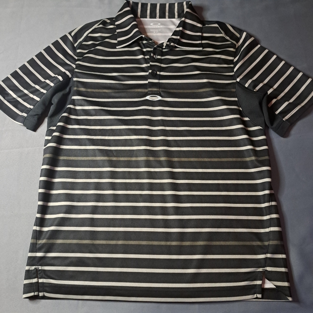 Oakley Golf Shirt Men's Size Small Black White Striped‎ Performance Polo Tee